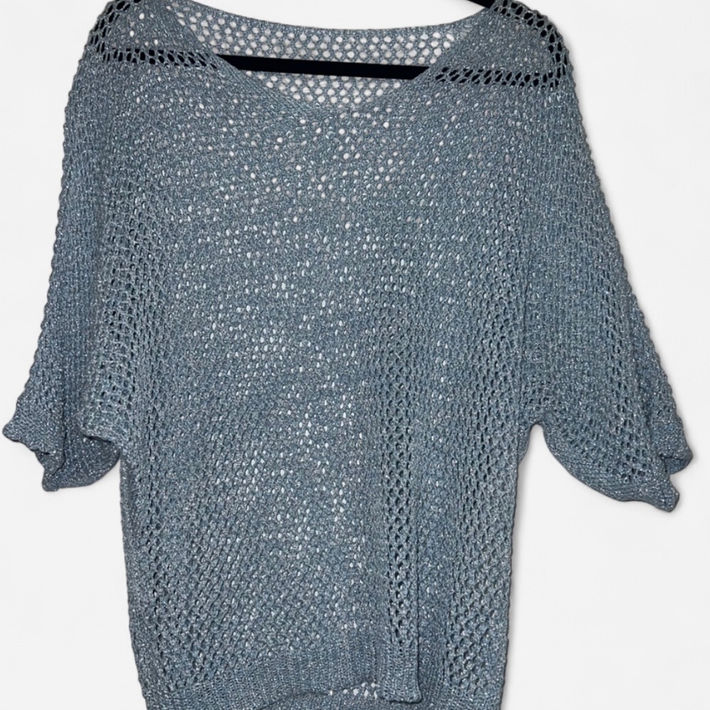 Light Blue Metallic Open-Knit Top Made in Italy Viscose Coastal Quiet Luxury - Picture 2 of 6